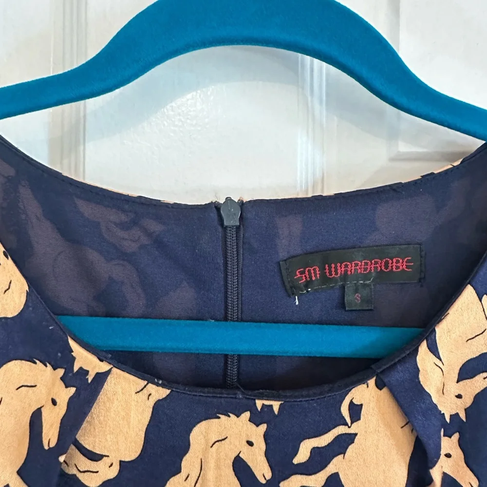 Elegant Navy and Gold Horse Print Mini Dress - Picture 3 of 5